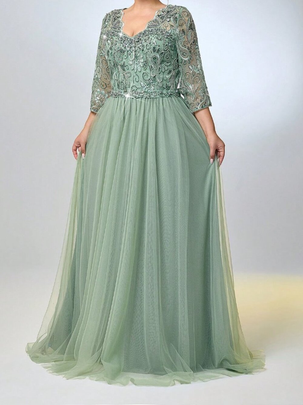 Green Women's Plus Size Elegant Sequin Mesh V-Neck 3/4 Sleeve A-Line Hem Dress - Picture 8 of 9